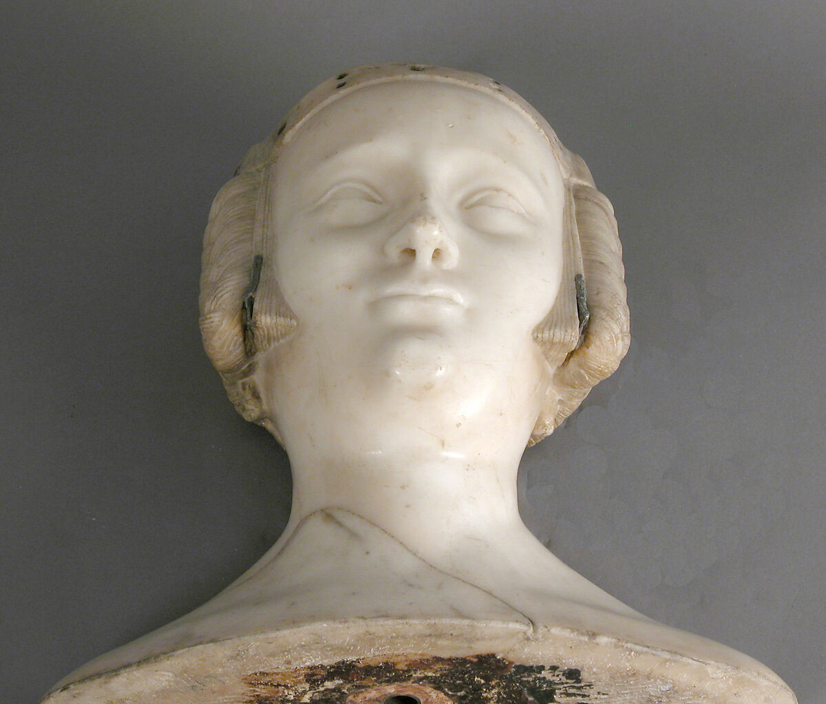 Tomb Effigy Bust of Marie de France (1327-41), daughter of Charles IV of France and Jeanne d'Evreux, Jean de Liège (Franco-Netherlandish, active ca. 1361–died 1381), Marble with lead inlays, French