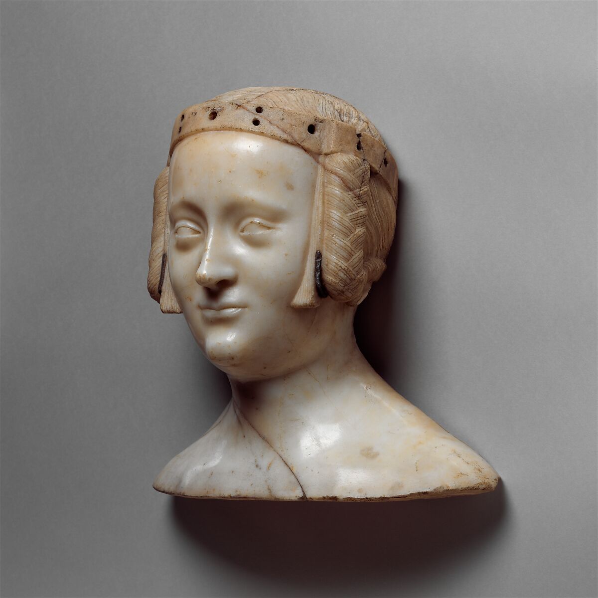 Tomb Effigy Bust of Marie de France (1327-41), daughter of Charles IV of France and Jeanne d'Evreux, Jean de Liège (Franco-Netherlandish, active ca. 1361–died 1381), Marble with lead inlays, French