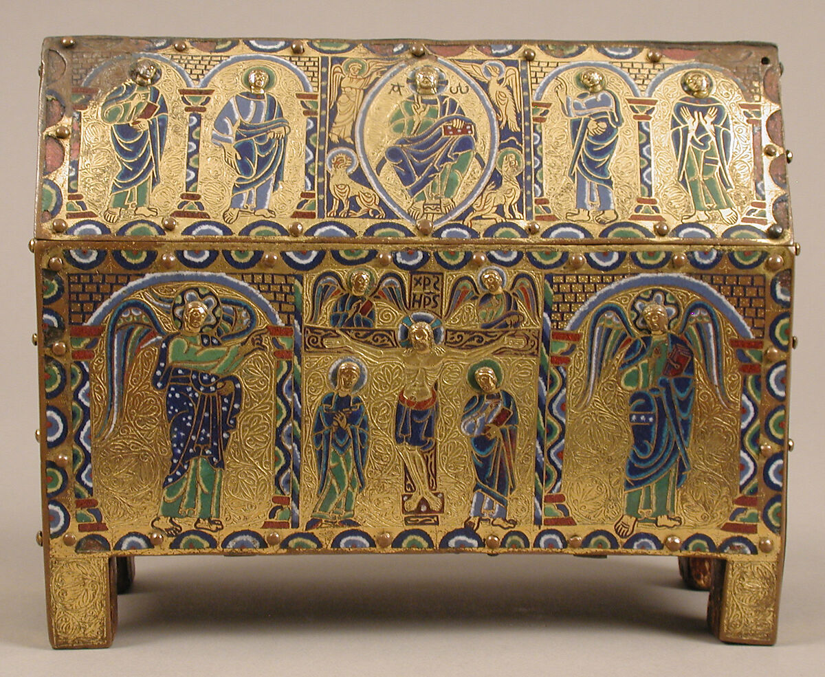 Chasse with The Crucifixion and Christ in Majesty, Champlevé enamel: dark, medium, and light blue; turquoise, green, yellow, opaque and translucent red, and white; wood core, painted red on exterior; copper: engraved, stippled and gilt., French