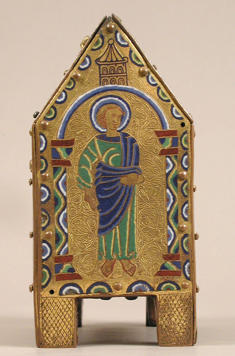Chasse with The Crucifixion and Christ in Majesty, Champlevé enamel: dark, medium, and light blue; turquoise, green, yellow, opaque and translucent red, and white; wood core, painted red on exterior; copper: engraved, stippled and gilt., French