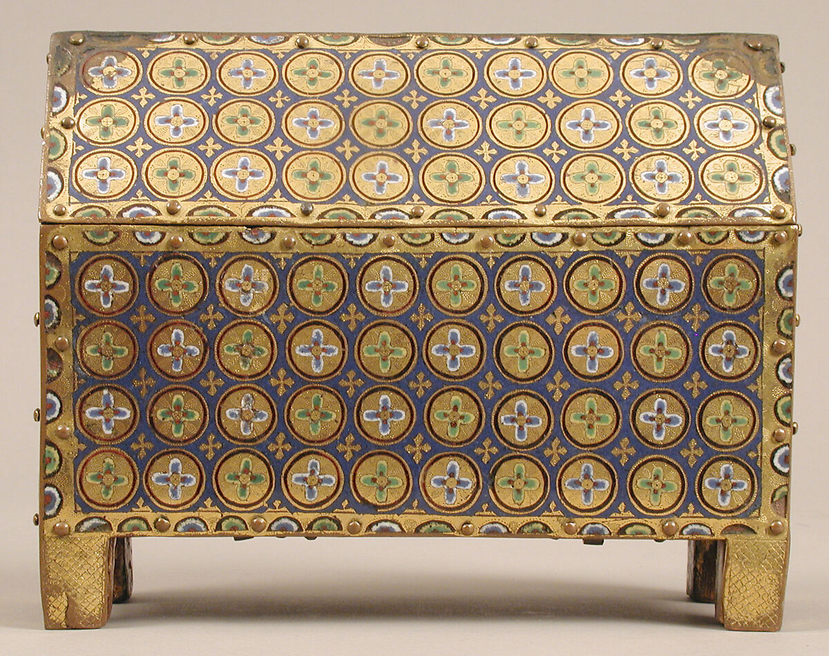 Chasse with The Crucifixion and Christ in Majesty, Champlevé enamel: dark, medium, and light blue; turquoise, green, yellow, opaque and translucent red, and white; wood core, painted red on exterior; copper: engraved, stippled and gilt., French