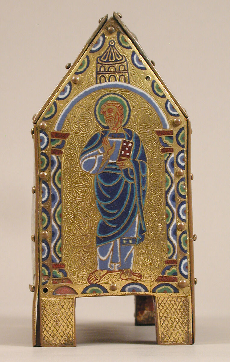 Chasse with The Crucifixion and Christ in Majesty, Champlevé enamel: dark, medium, and light blue; turquoise, green, yellow, opaque and translucent red, and white; wood core, painted red on exterior; copper: engraved, stippled and gilt., French