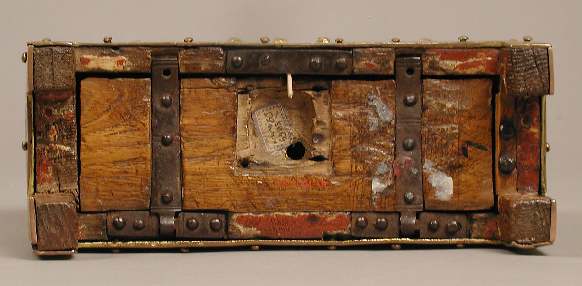 Chasse with The Crucifixion and Christ in Majesty, Champlevé enamel: dark, medium, and light blue; turquoise, green, yellow, opaque and translucent red, and white; wood core, painted red on exterior; copper: engraved, stippled and gilt., French