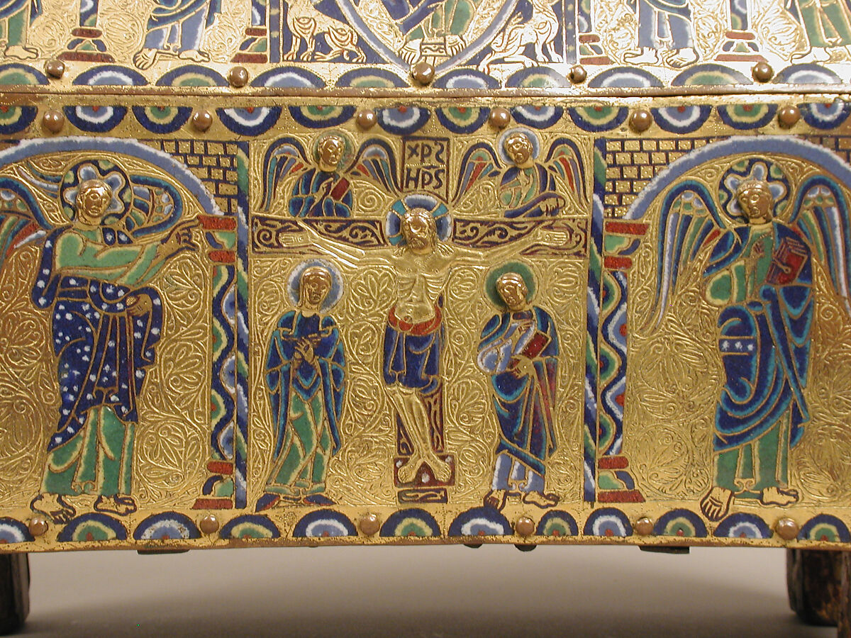 Chasse with The Crucifixion and Christ in Majesty, Champlevé enamel: dark, medium, and light blue; turquoise, green, yellow, opaque and translucent red, and white; wood core, painted red on exterior; copper: engraved, stippled and gilt., French