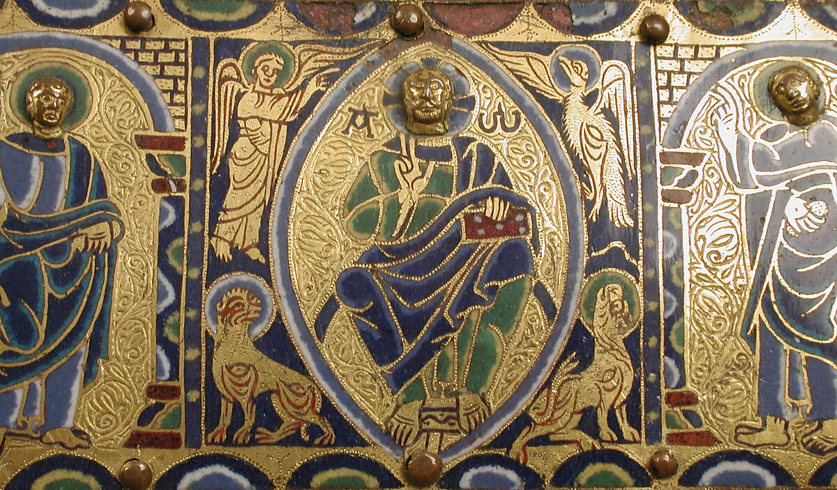 Chasse with The Crucifixion and Christ in Majesty, Champlevé enamel: dark, medium, and light blue; turquoise, green, yellow, opaque and translucent red, and white; wood core, painted red on exterior; copper: engraved, stippled and gilt., French