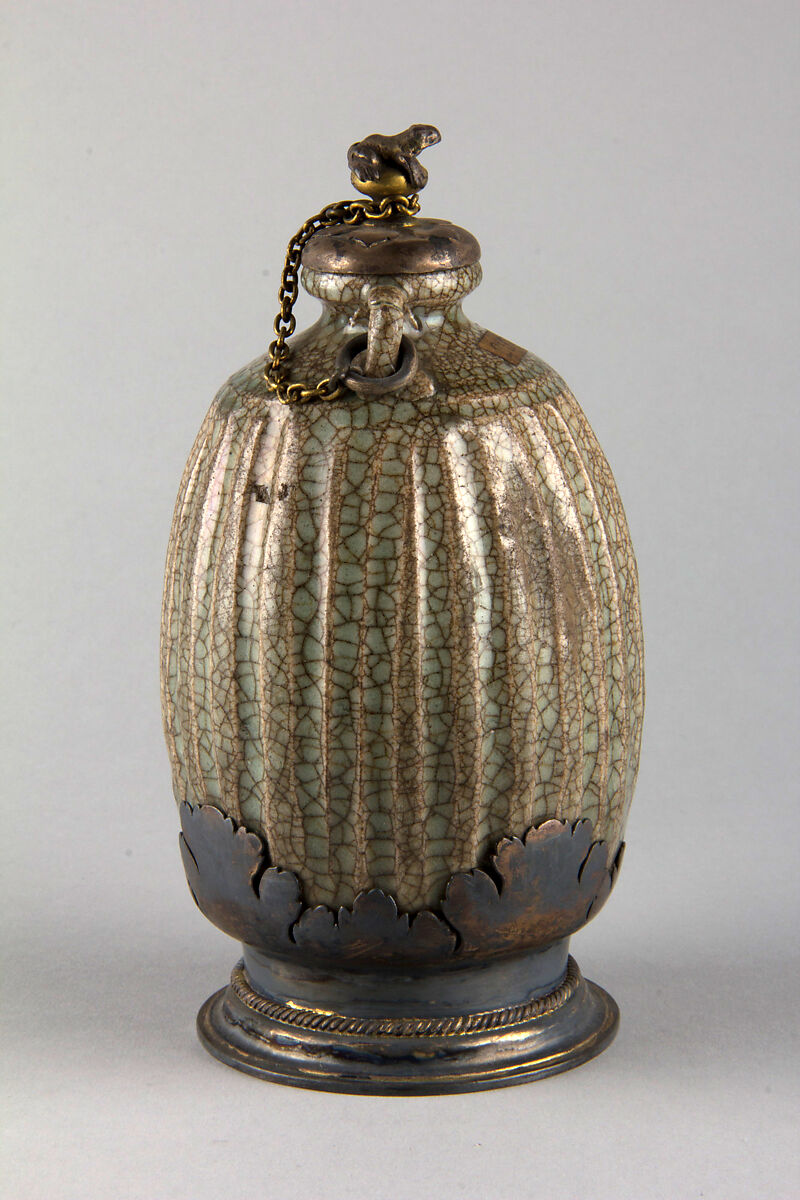 Bottle, Stoneware with crackled glaze (Zhangzhou ware), metal mounts, China