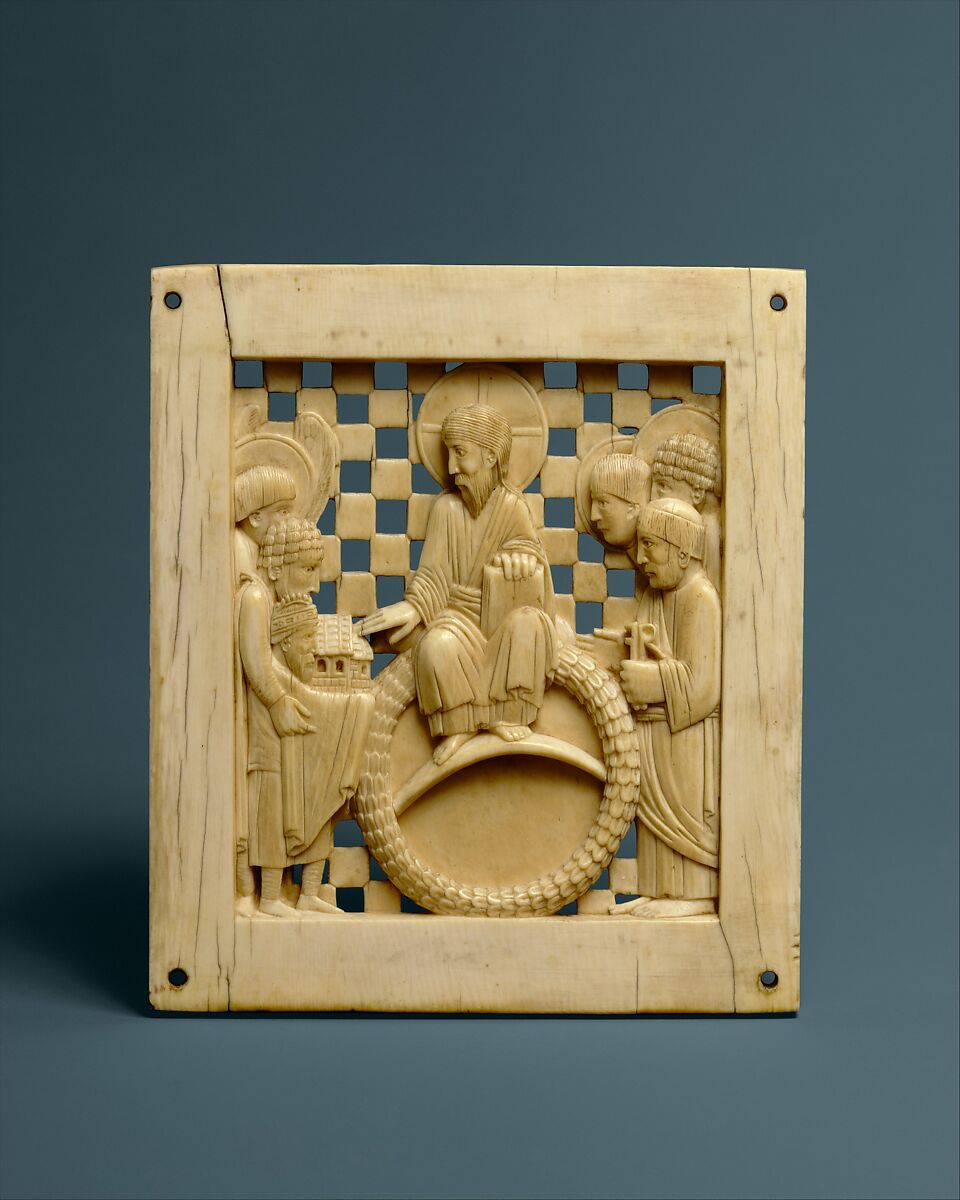 Plaque with Christ Receiving Magdeburg Cathedral from Emperor Otto I, Elephant ivory, Ottonian
