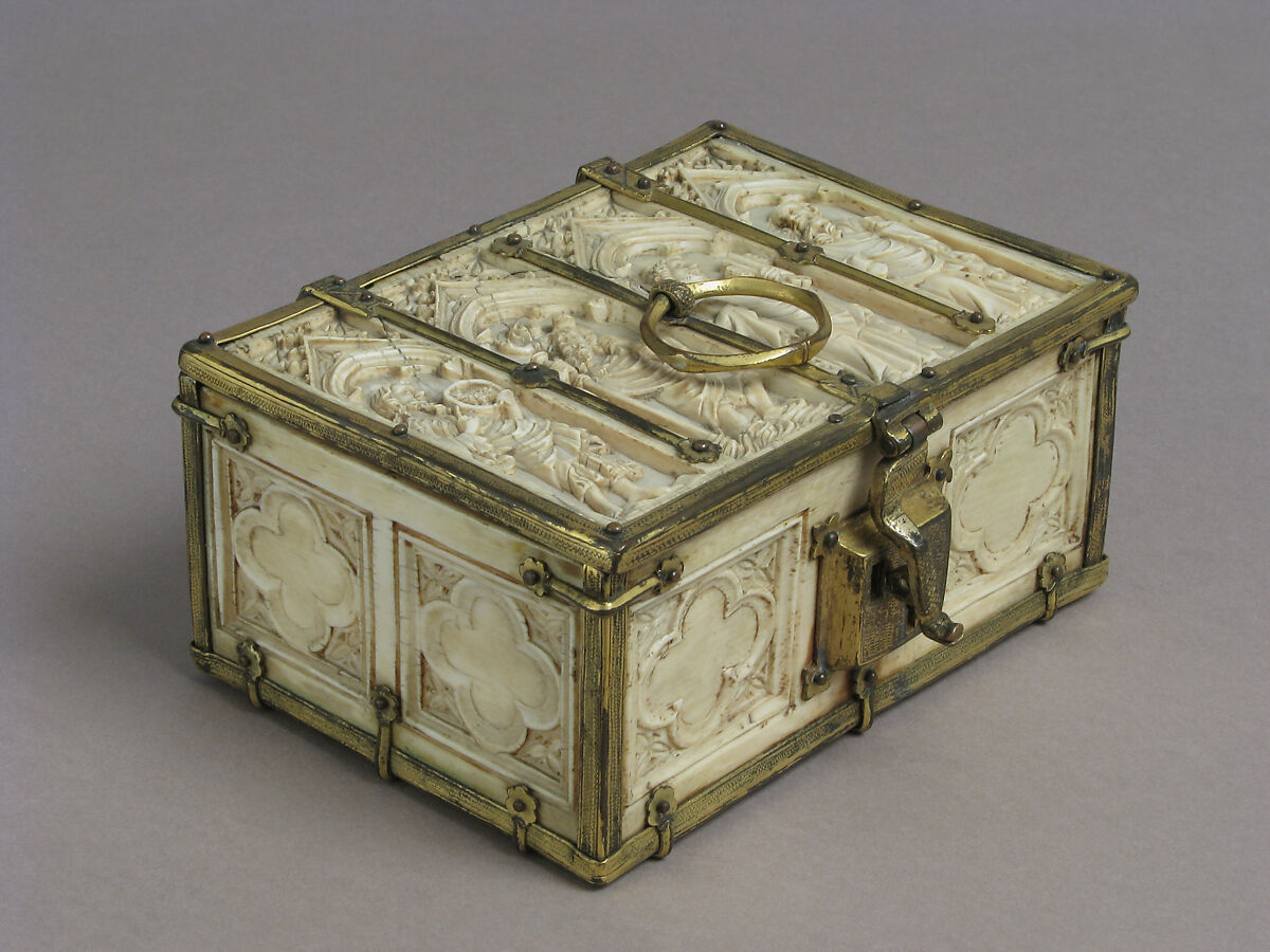 Box with Standing Saints, Elephant ivory, gilded copper mounts, French (lid)/European (lower elements, hardware) 