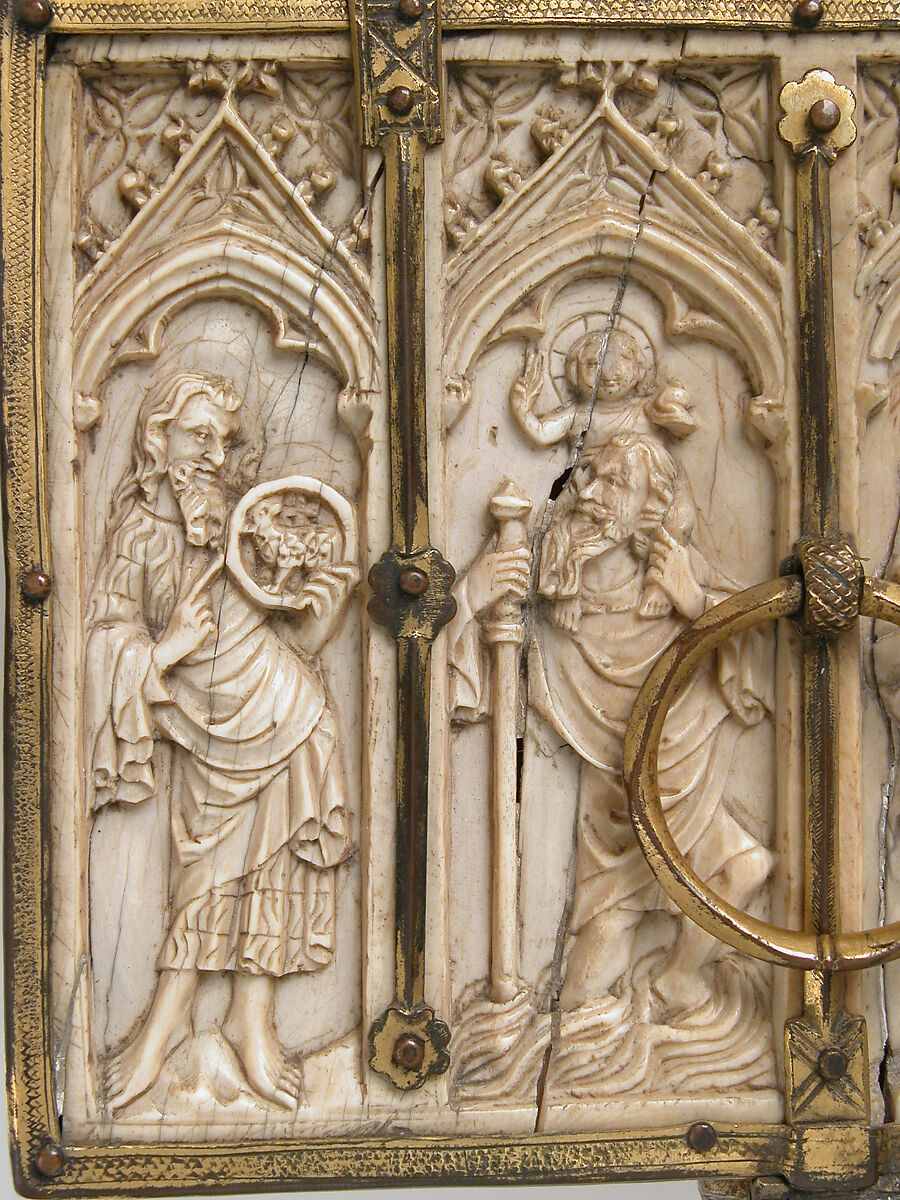 Box with Standing Saints, Elephant ivory, gilded copper mounts, French (lid)/European (lower elements, hardware)