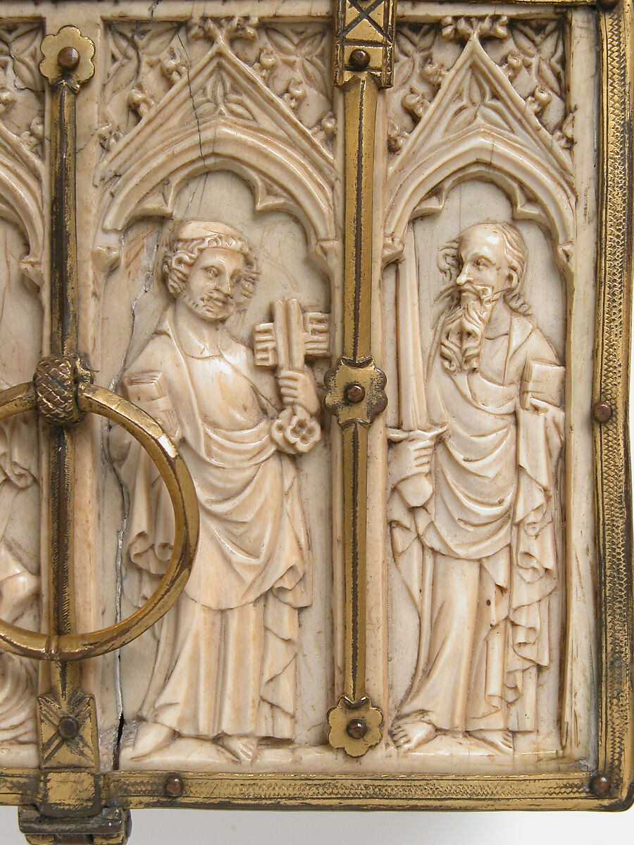 Box with Standing Saints, Elephant ivory, gilded copper mounts, French (lid)/European (lower elements, hardware)