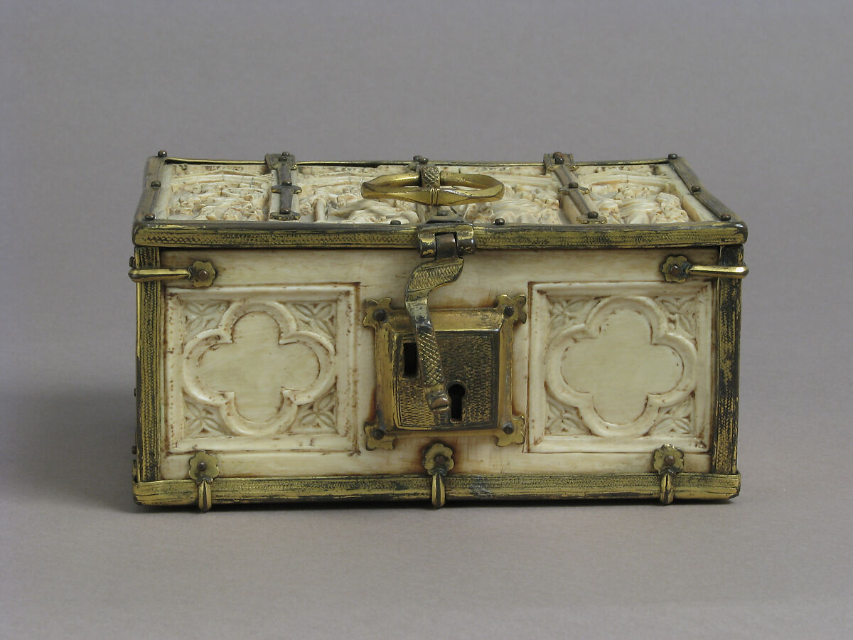 Box with Standing Saints, Elephant ivory, gilded copper mounts, French (lid)/European (lower elements, hardware)