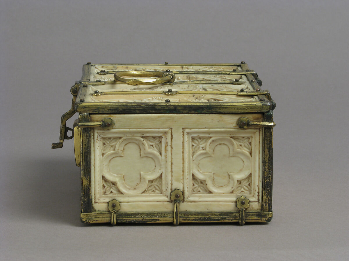 Box with Standing Saints, Elephant ivory, gilded copper mounts, French (lid)/European (lower elements, hardware)