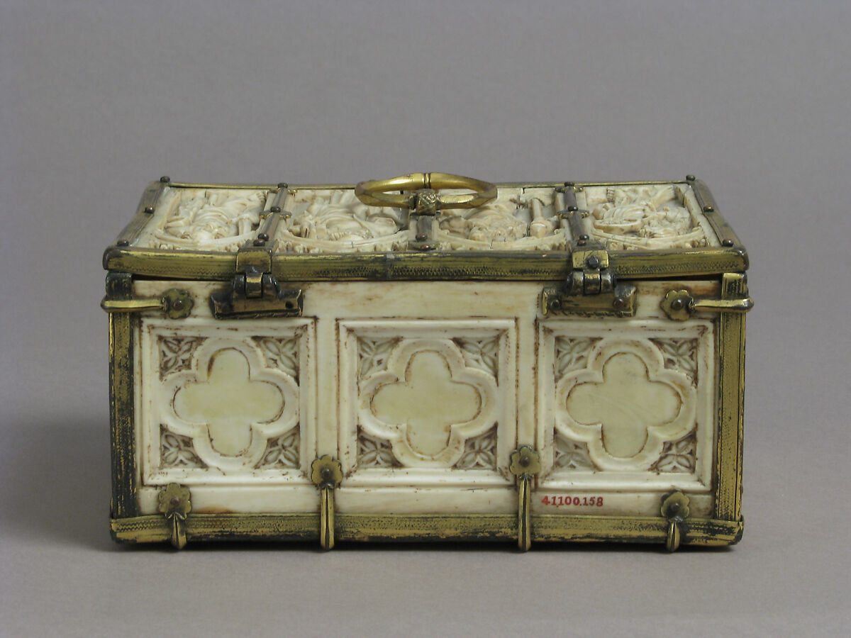 Box with Standing Saints, Elephant ivory, gilded copper mounts, French (lid)/European (lower elements, hardware)
