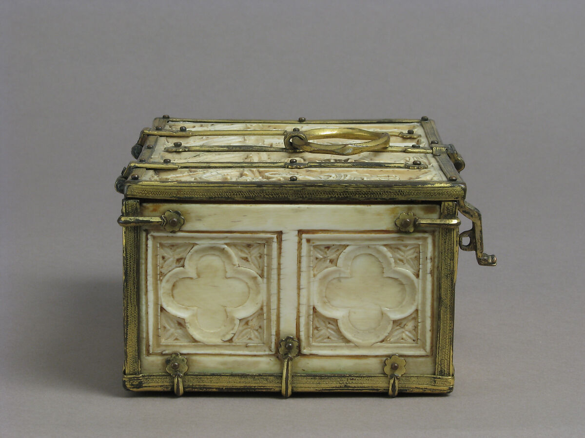 Box with Standing Saints, Elephant ivory, gilded copper mounts, French (lid)/European (lower elements, hardware)
