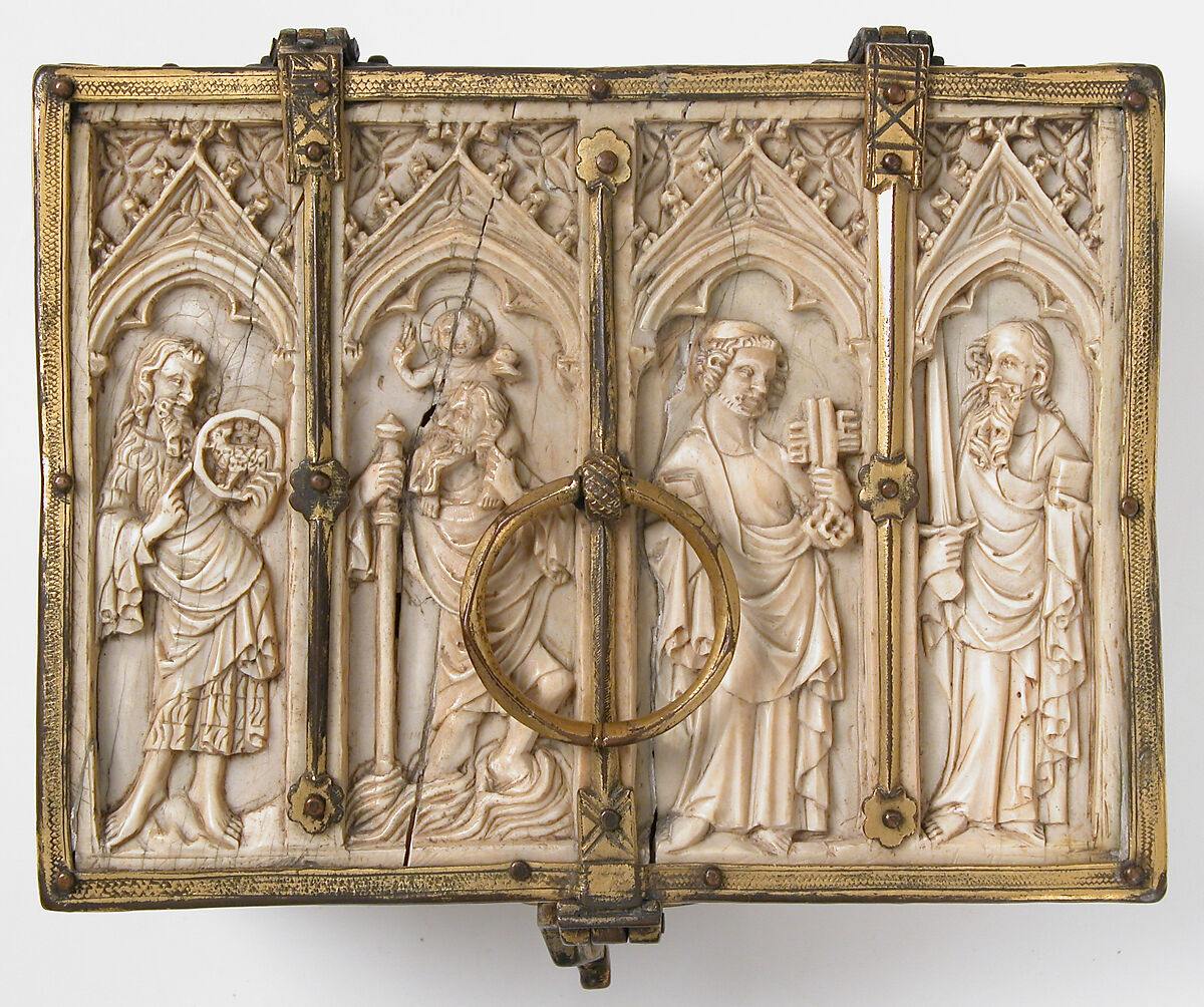 Box with Standing Saints, Elephant ivory, gilded copper mounts, French (lid)/European (lower elements, hardware)