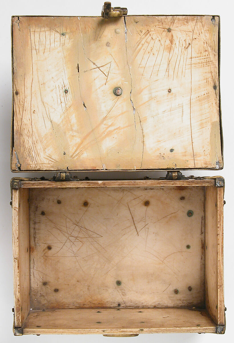 Box with Standing Saints, Elephant ivory, gilded copper mounts, French (lid)/European (lower elements, hardware)