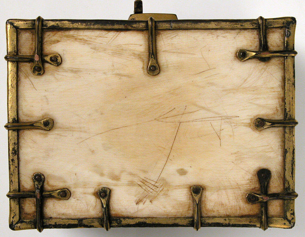 Box with Standing Saints, Elephant ivory, gilded copper mounts, French (lid)/European (lower elements, hardware)