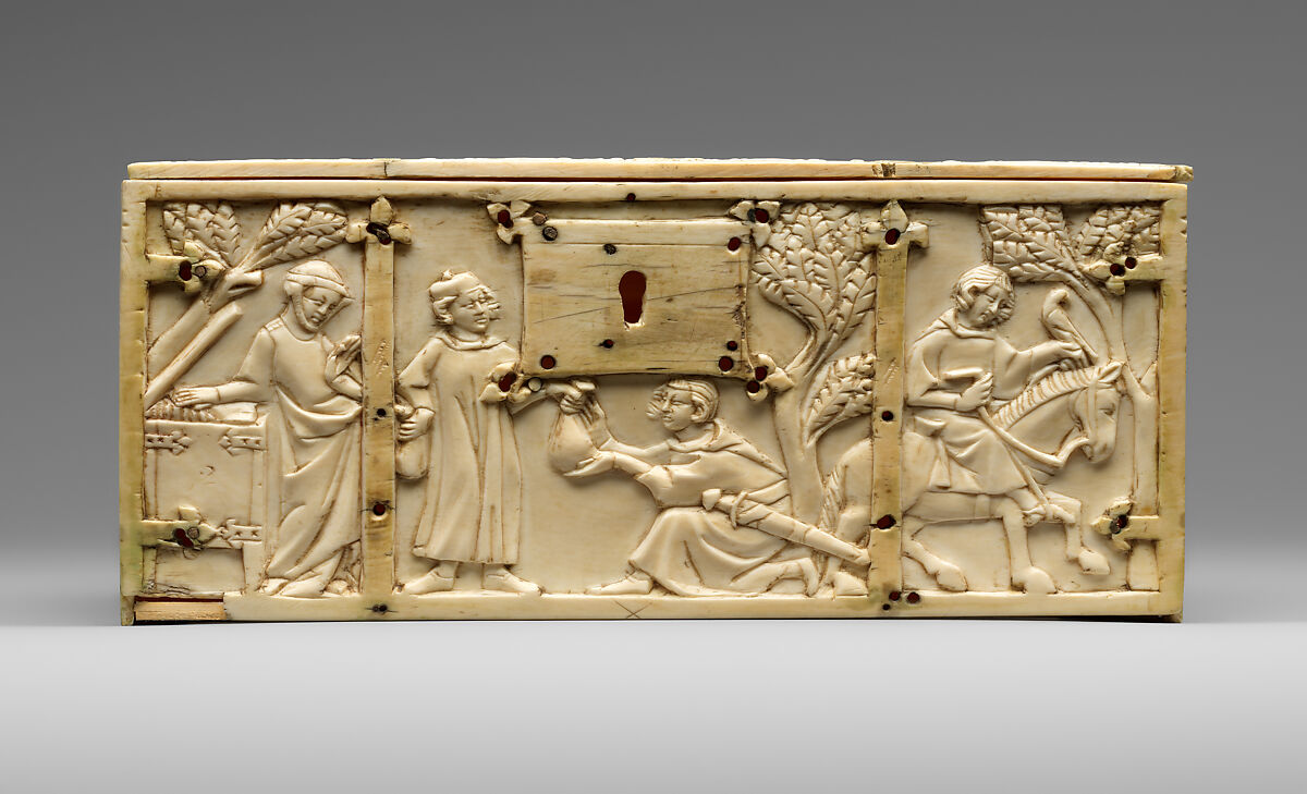 Box with the Parable Prodigal Son and Scenes of Lovers, Elephant ivory, French