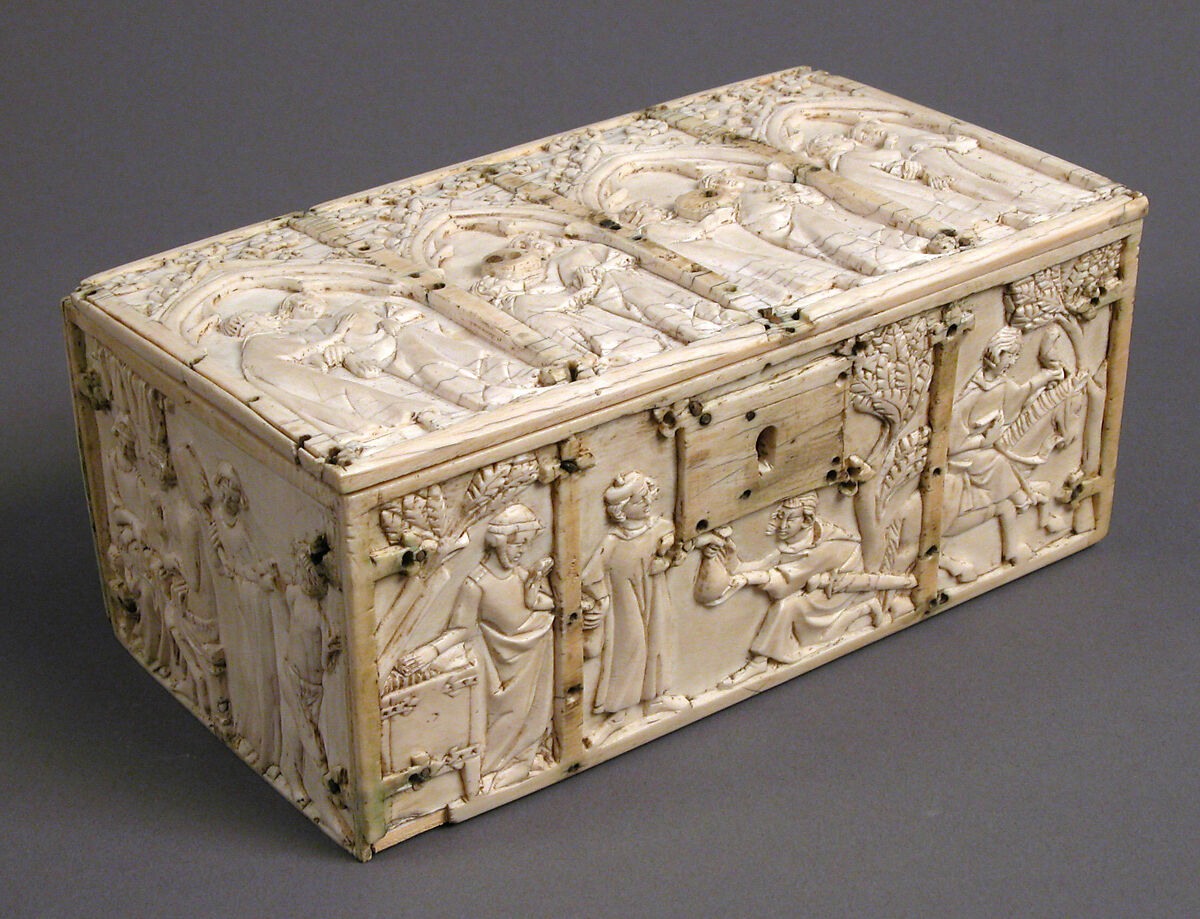 Box with the Parable Prodigal Son and Scenes of Lovers, Elephant ivory, French 