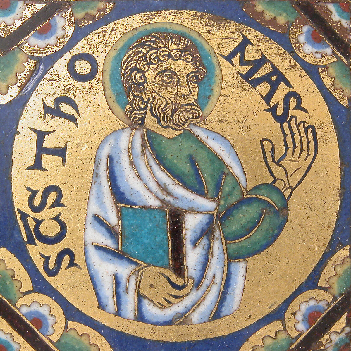 Plaque with Saints James, Matthew, and Thomas, Champlevé enamel, copper alloy, gilt, South Netherlandish