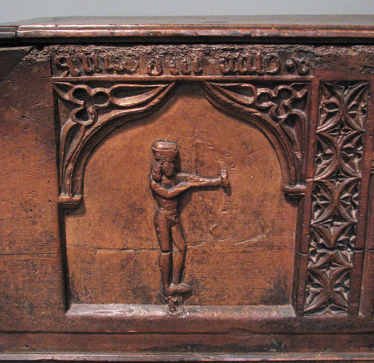 Chest with Relief Figures of Saints Sebastian and Blaise, Pine, iron mounts, Italian