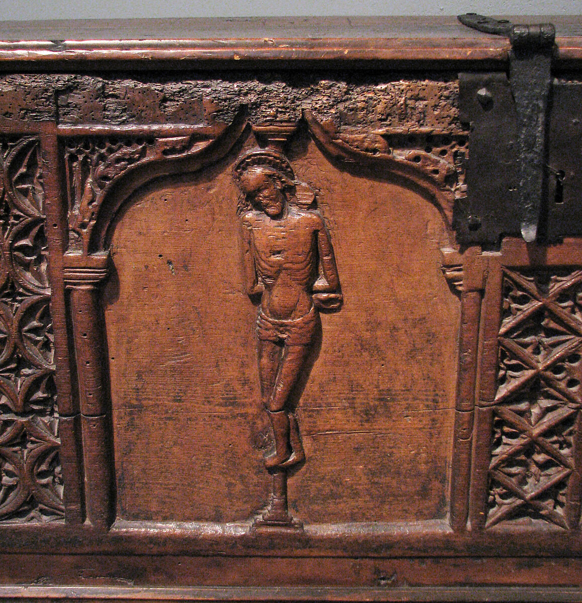 Chest with Relief Figures of Saints Sebastian and Blaise, Pine, iron mounts, Italian