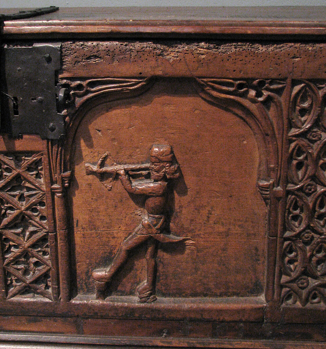 Chest with Relief Figures of Saints Sebastian and Blaise, Pine, iron mounts, Italian