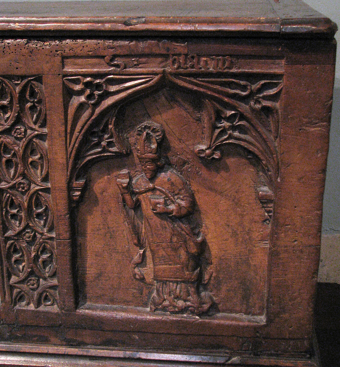 Chest with Relief Figures of Saints Sebastian and Blaise, Pine, iron mounts, Italian