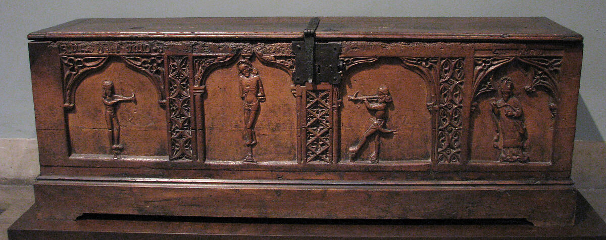 Chest with Relief Figures of Saints Sebastian and Blaise, Pine, iron mounts, Italian