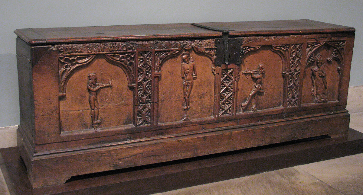 Chest with Relief Figures of Saints Sebastian and Blaise, Pine, iron mounts, Italian 