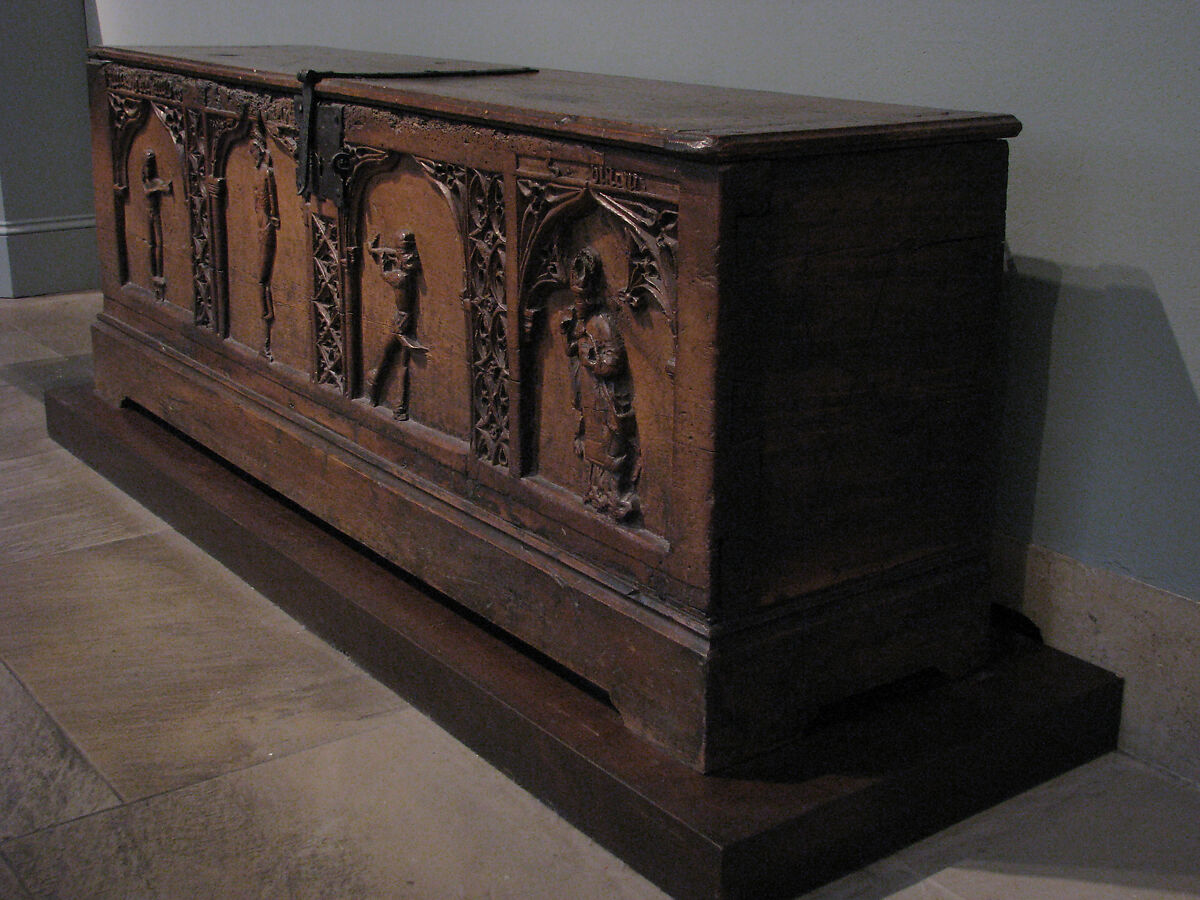 Chest with Relief Figures of Saints Sebastian and Blaise, Pine, iron mounts, Italian