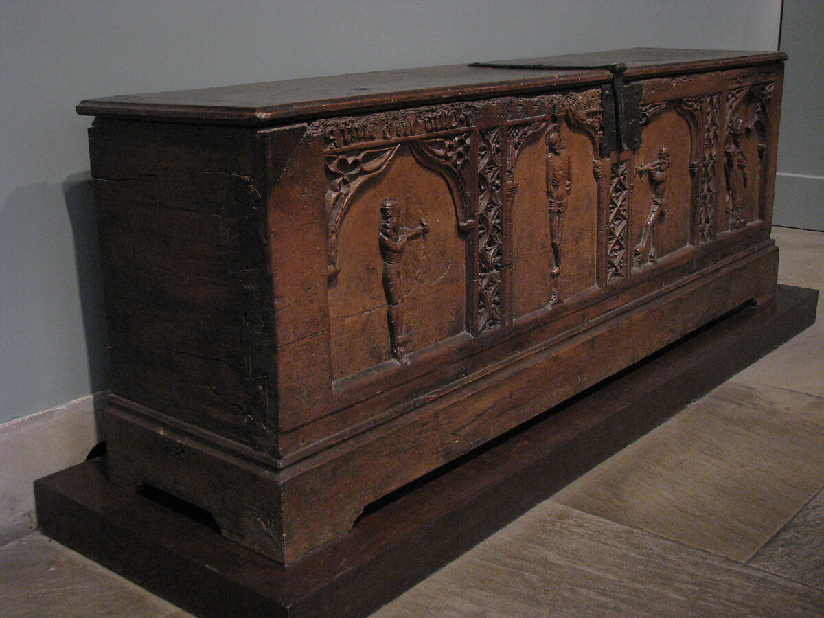 Chest with Relief Figures of Saints Sebastian and Blaise, Pine, iron mounts, Italian