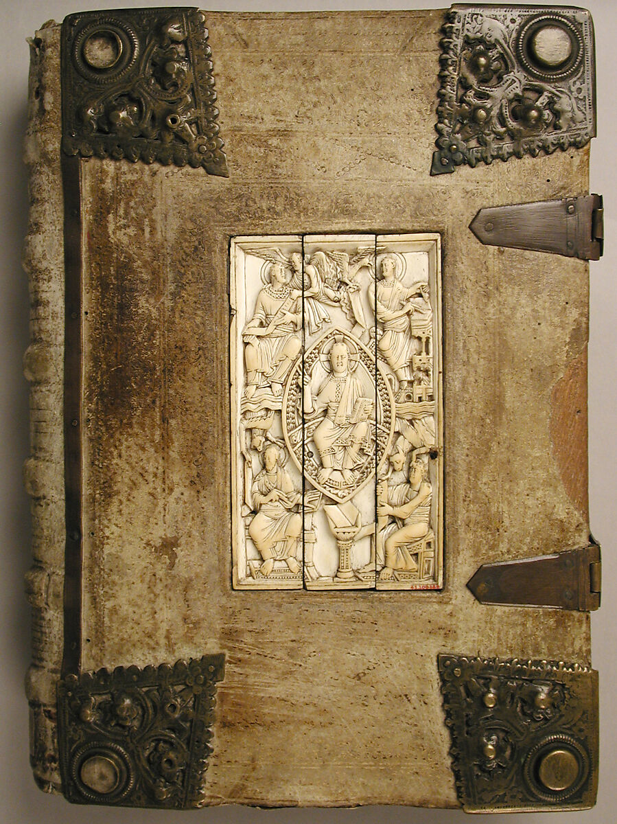 Plaque with Christ in Majesty and the Four Evangelists, Tempera, ink, and metal leaf on parchment; leather, leather binding with ivory, Ottonian 