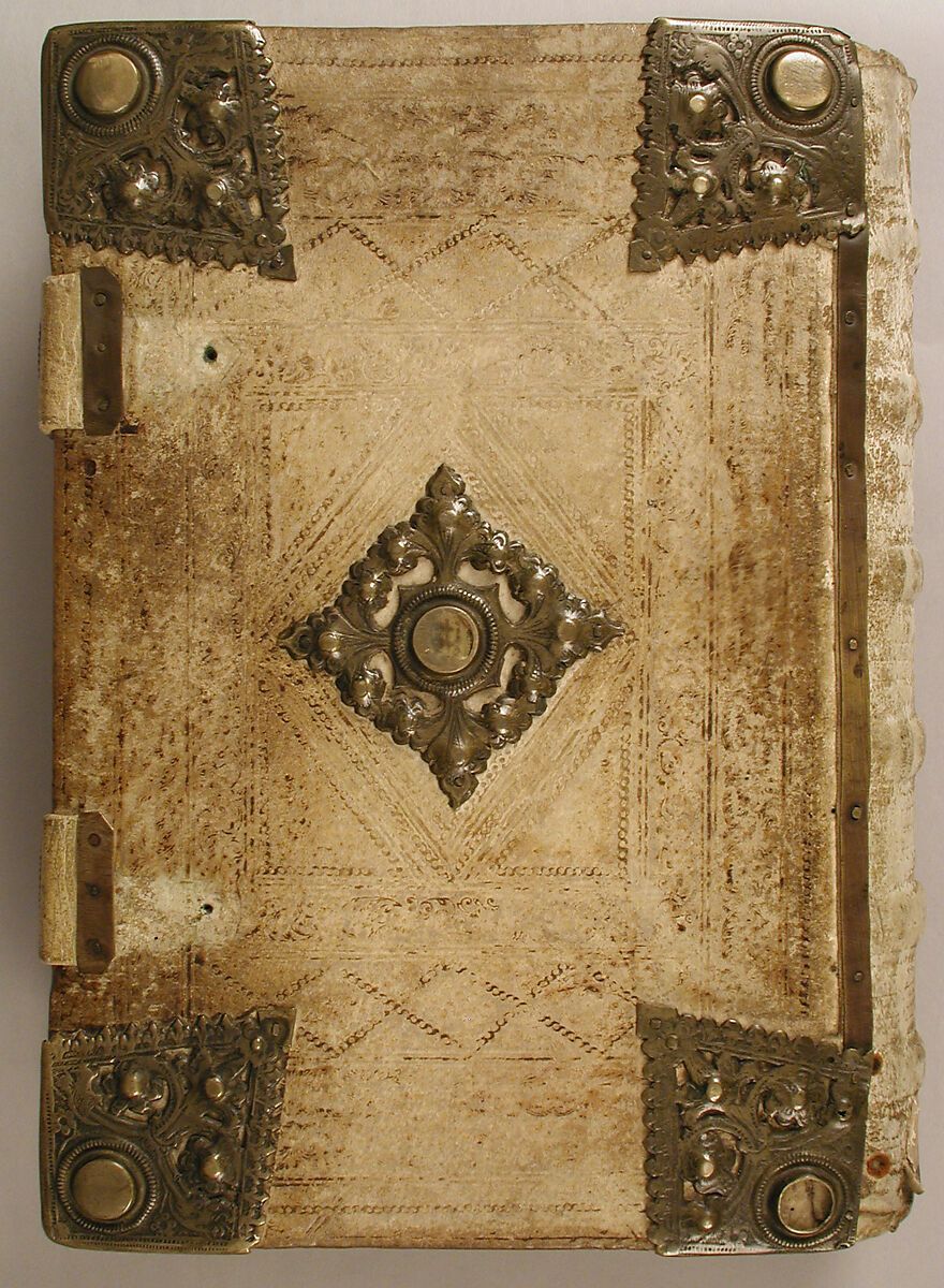 Plaque with Christ in Majesty and the Four Evangelists, Tempera, ink, and metal leaf on parchment; leather, leather binding with ivory, Ottonian