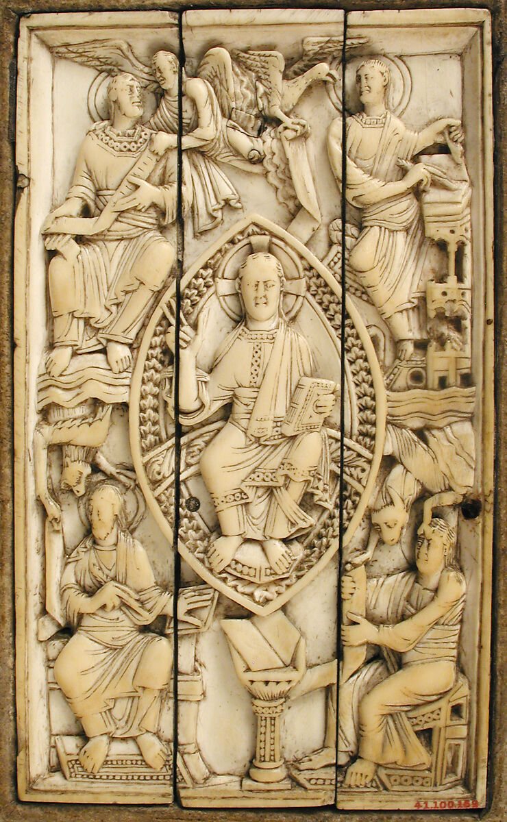 Plaque with Christ in Majesty and the Four Evangelists, Elephant ivory, Ottonian 