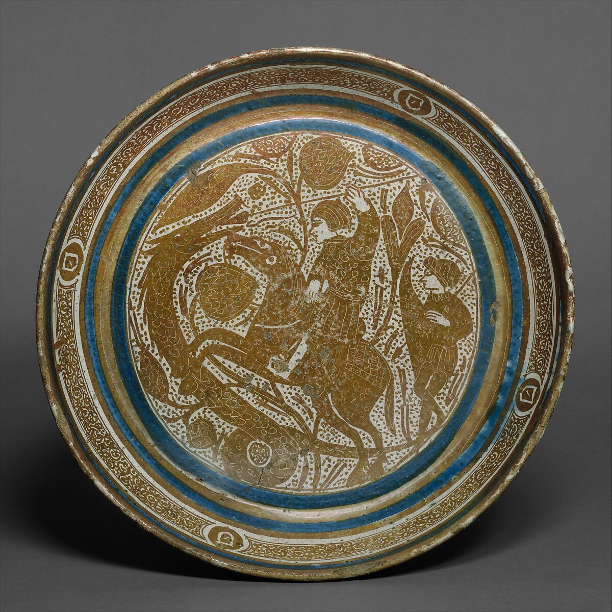 Bowl with a Horseman Spearing a Serpent, Tin-glazed earthenware, Spanish 