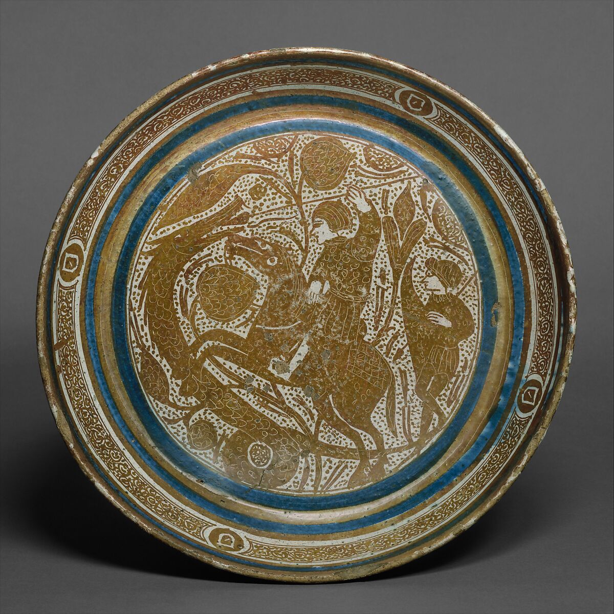 Bowl with a Horseman Spearing a Serpent, Tin-glazed earthenware, Spanish