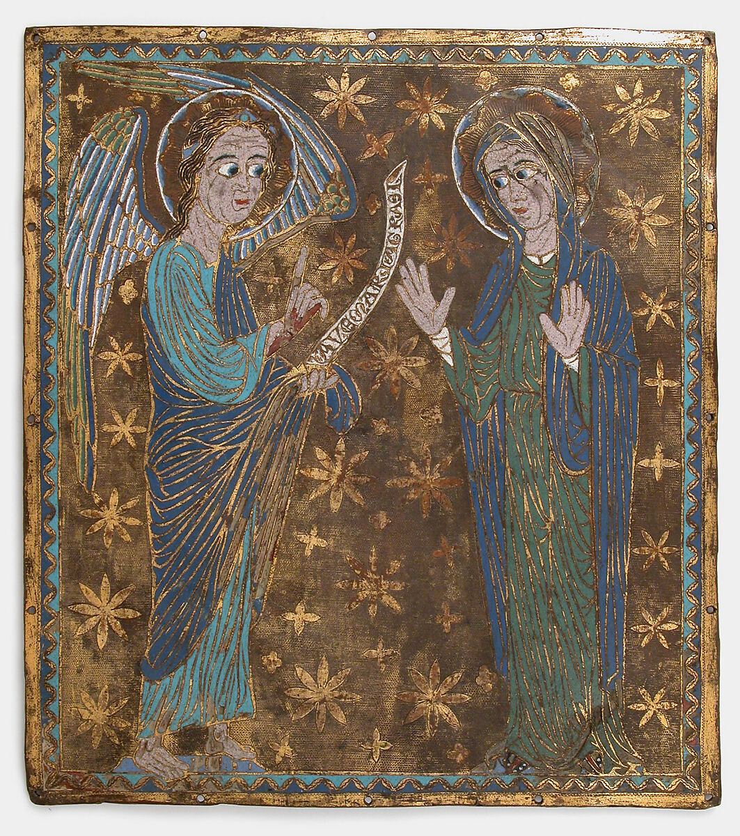 Plaque with the Annunciation, Champlevé enamel, copper-gilt, Catalan or Central Italian 