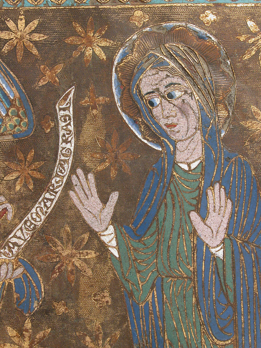 Plaque with the Annunciation, Champlevé enamel, copper-gilt, Catalan or Central Italian