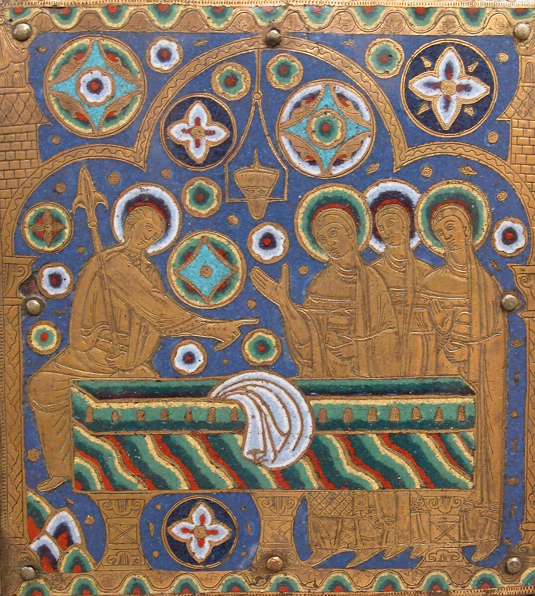 Tabernacle, Copper (plaques): engraved, scraped, stippled, and gilt; (appliqués): repoussé, chased, engraved, scraped, and gilt;  champlevé enamel: blue-black, dark, medium, and light blue; turquoise, dark and medium green, yellow, red, and white; wood core, painted red, French