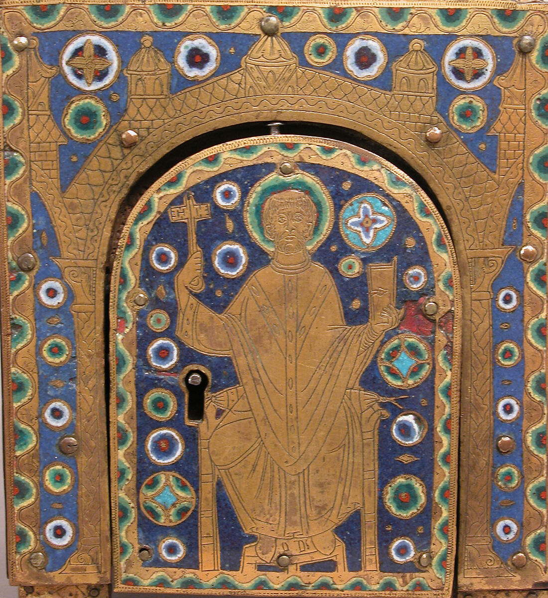 Tabernacle, Copper (plaques): engraved, scraped, stippled, and gilt; (appliqués): repoussé, chased, engraved, scraped, and gilt;  champlevé enamel: blue-black, dark, medium, and light blue; turquoise, dark and medium green, yellow, red, and white; wood core, painted red, French