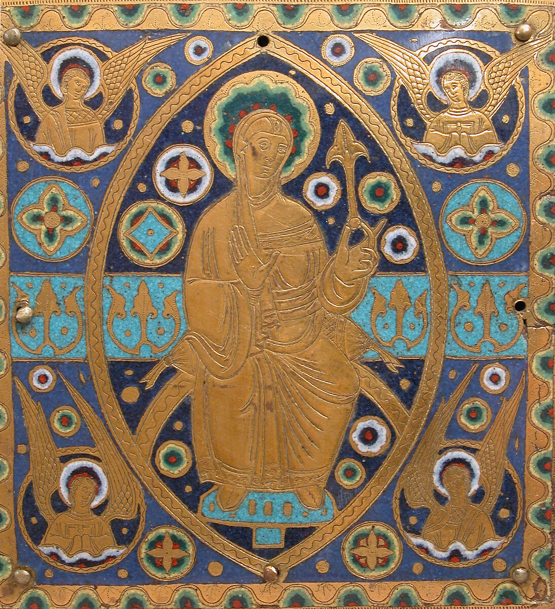 Tabernacle, Copper (plaques): engraved, scraped, stippled, and gilt; (appliqués): repoussé, chased, engraved, scraped, and gilt;  champlevé enamel: blue-black, dark, medium, and light blue; turquoise, dark and medium green, yellow, red, and white; wood core, painted red, French