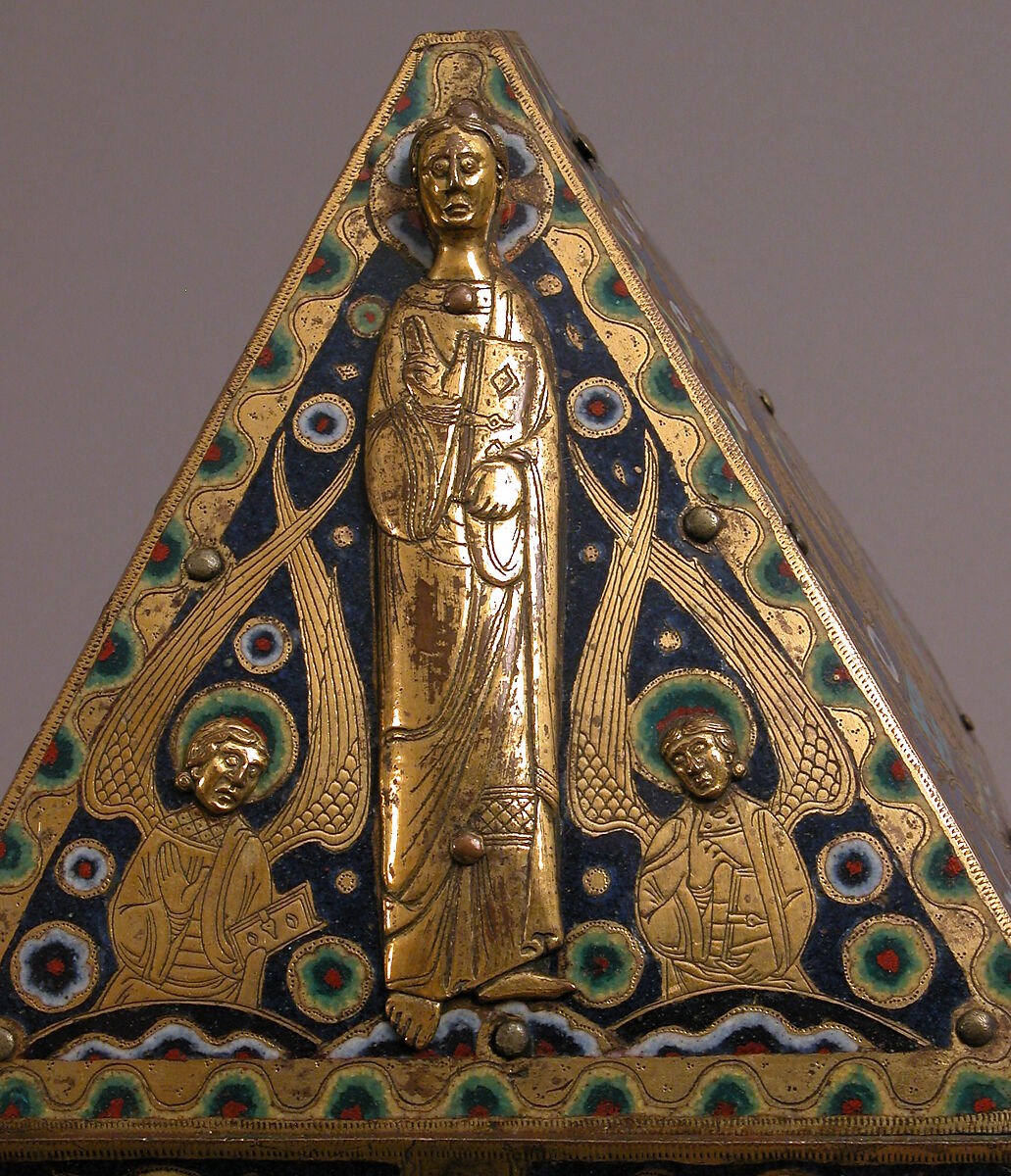 Tabernacle, Copper (plaques): engraved, scraped, stippled, and gilt; (appliqués): repoussé, chased, engraved, scraped, and gilt;  champlevé enamel: blue-black, dark, medium, and light blue; turquoise, dark and medium green, yellow, red, and white; wood core, painted red, French