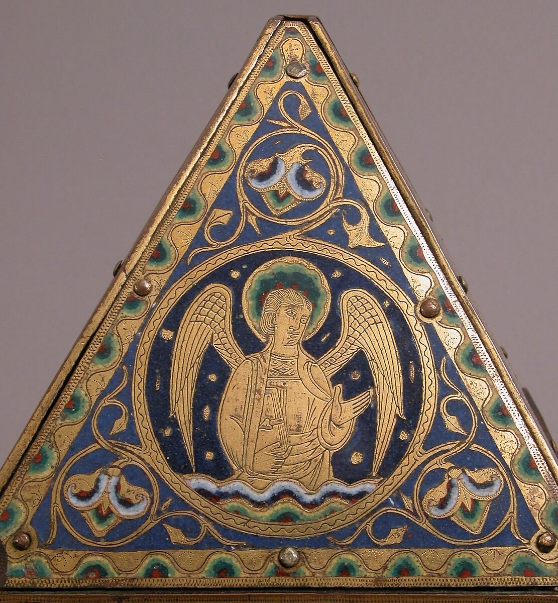 Tabernacle, Copper (plaques): engraved, scraped, stippled, and gilt; (appliqués): repoussé, chased, engraved, scraped, and gilt;  champlevé enamel: blue-black, dark, medium, and light blue; turquoise, dark and medium green, yellow, red, and white; wood core, painted red, French