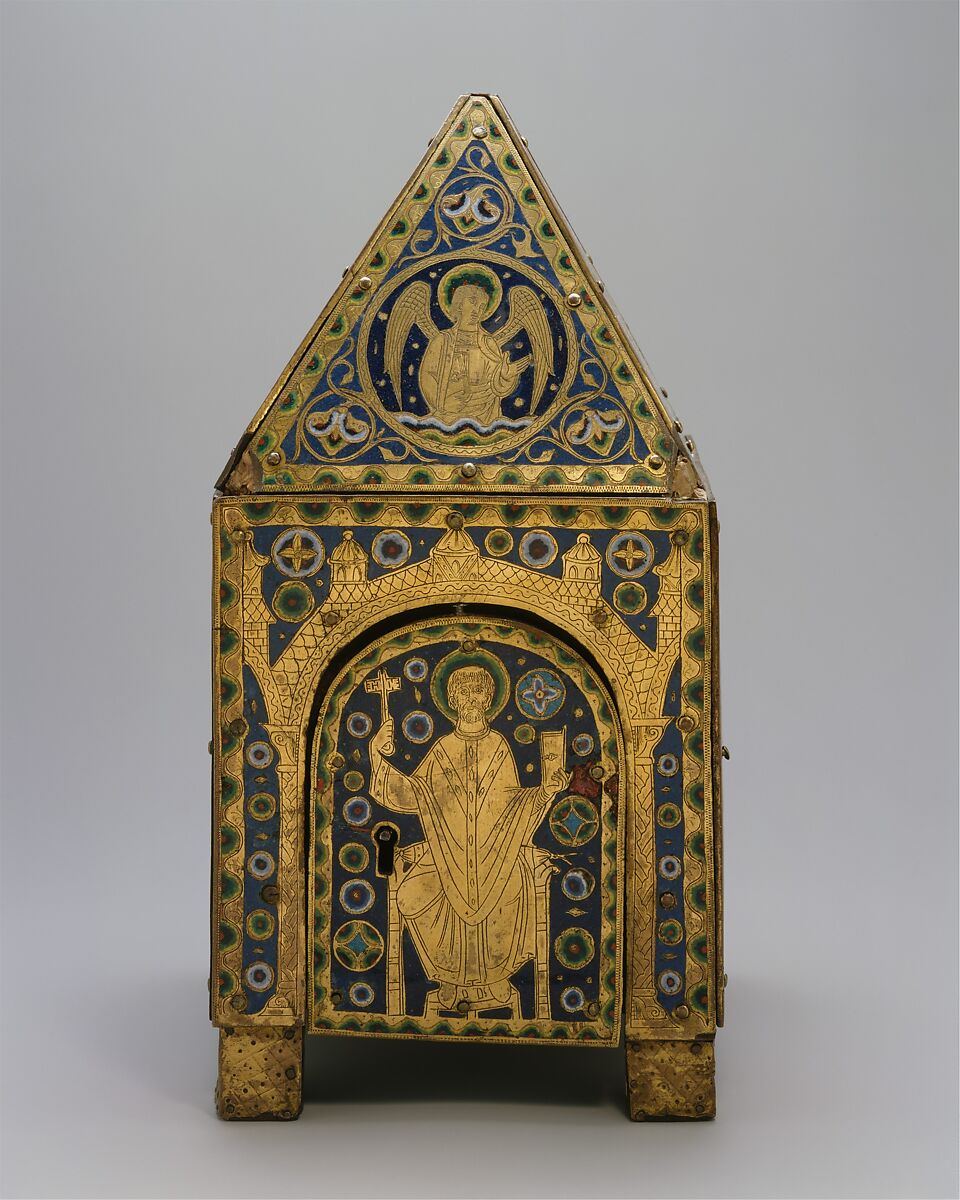 Tabernacle, Copper (plaques): engraved, scraped, stippled, and gilt; (appliqués): repoussé, chased, engraved, scraped, and gilt;  champlevé enamel: blue-black, dark, medium, and light blue; turquoise, dark and medium green, yellow, red, and white; wood core, painted red, French