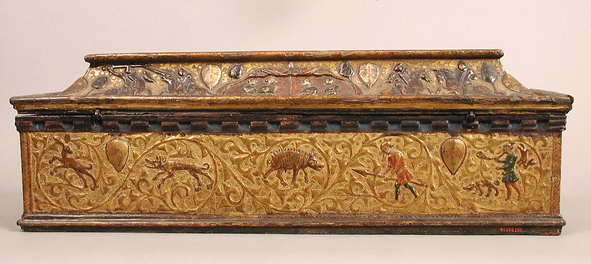 Coffret, Poplar with gilded and painted gesso, and pastiglia decoration, Italian