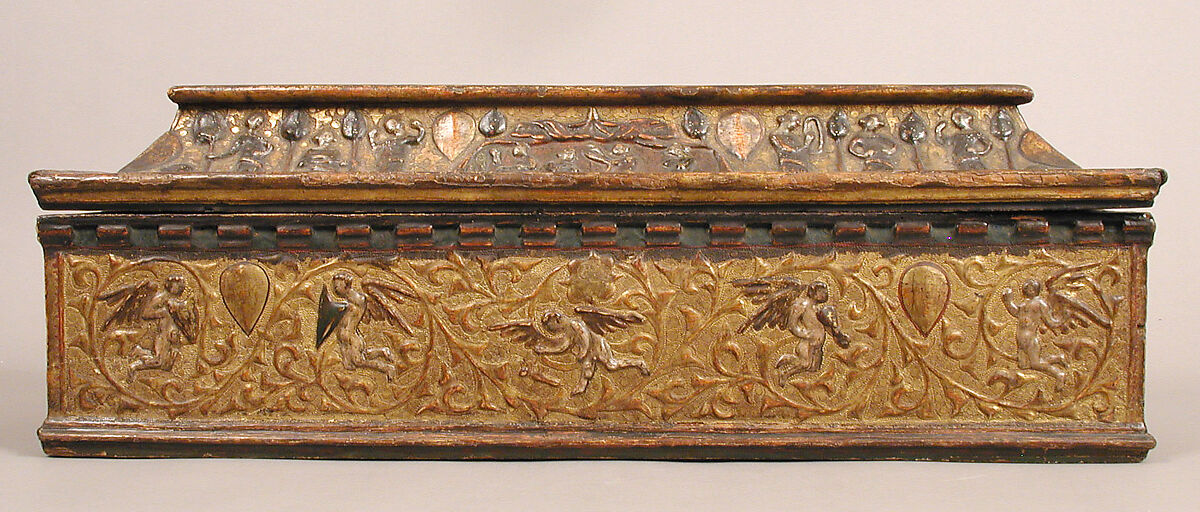 Coffret, Poplar with gilded and painted gesso, and pastiglia decoration, Italian