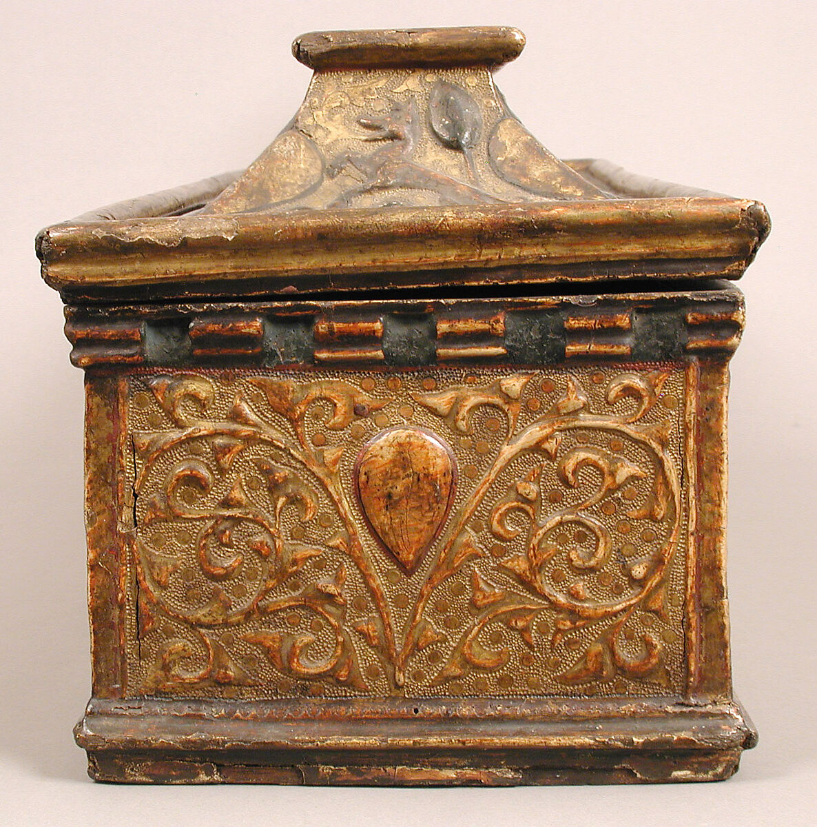 Coffret, Poplar with gilded and painted gesso, and pastiglia decoration, Italian