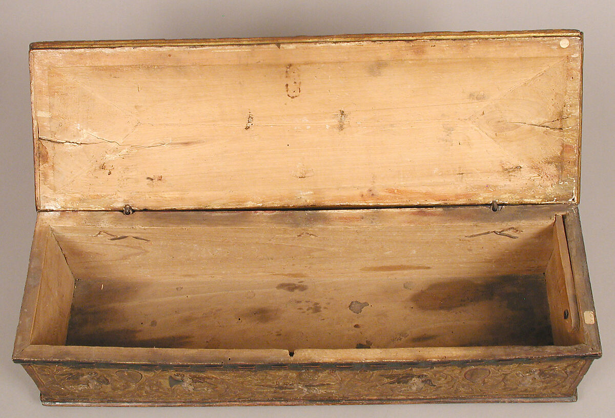 Coffret, Poplar with gilded and painted gesso, and pastiglia decoration, Italian