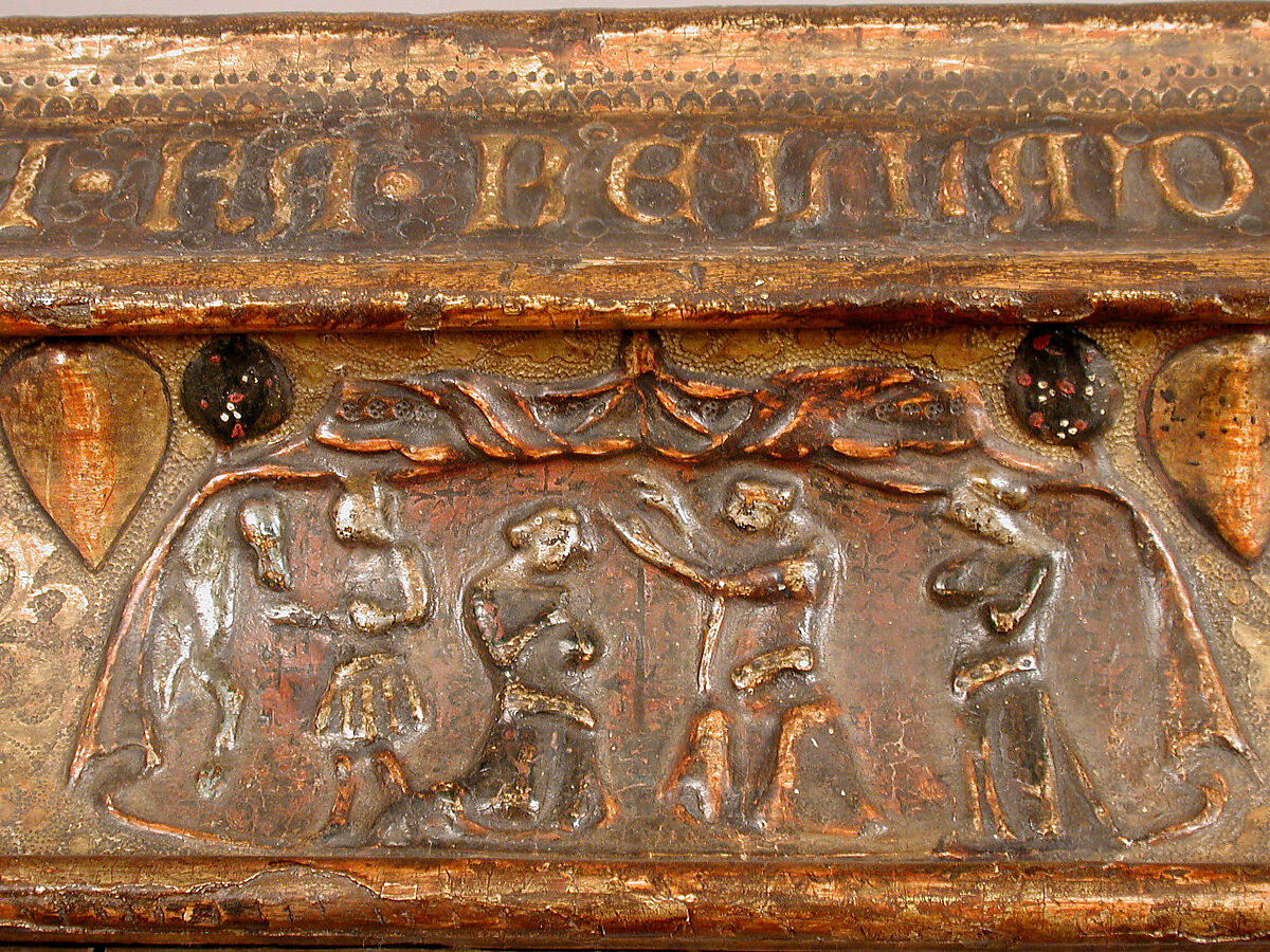 Coffret, Poplar with gilded and painted gesso, and pastiglia decoration, Italian